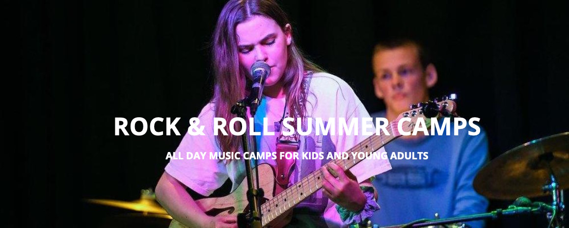 kids and young adults playing music at rock and roll summer camp