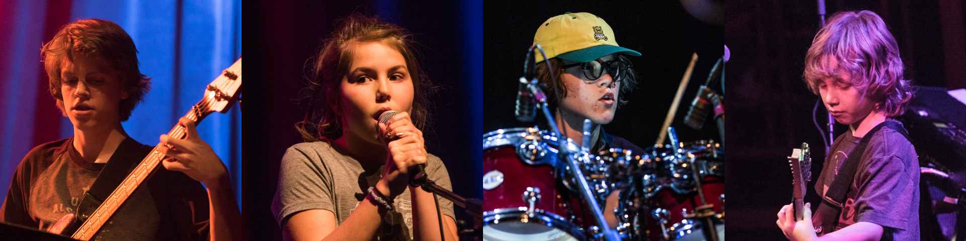 Students playing musical instruments on stage during performances at The Rock & Pop Music Academy